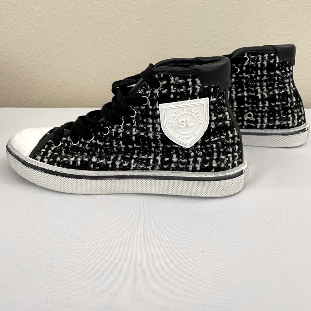 NEW Yves Saint Laurent Unisex Tweed Printed Sneakers in Black/White. Size EU 37